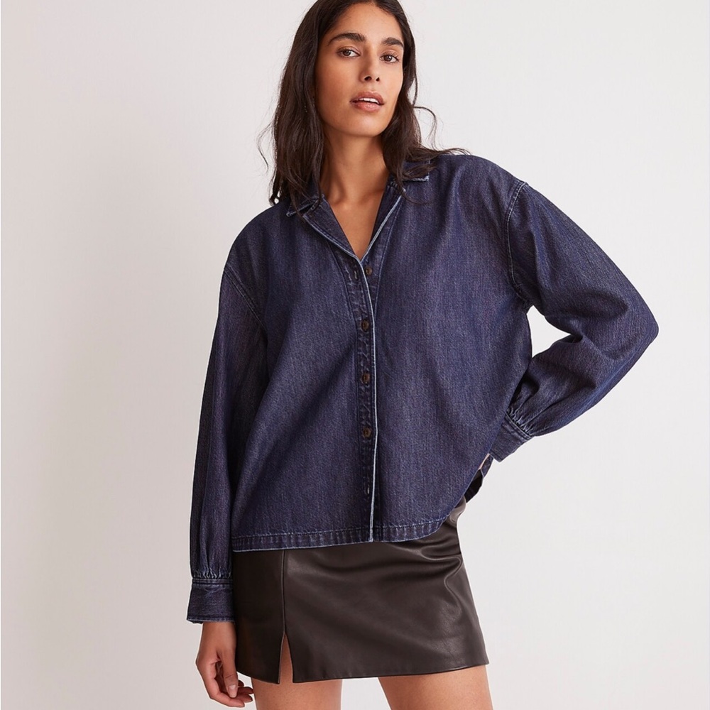 Denim Puff-Sleeve Button-Up Shirt in Bowers Wash